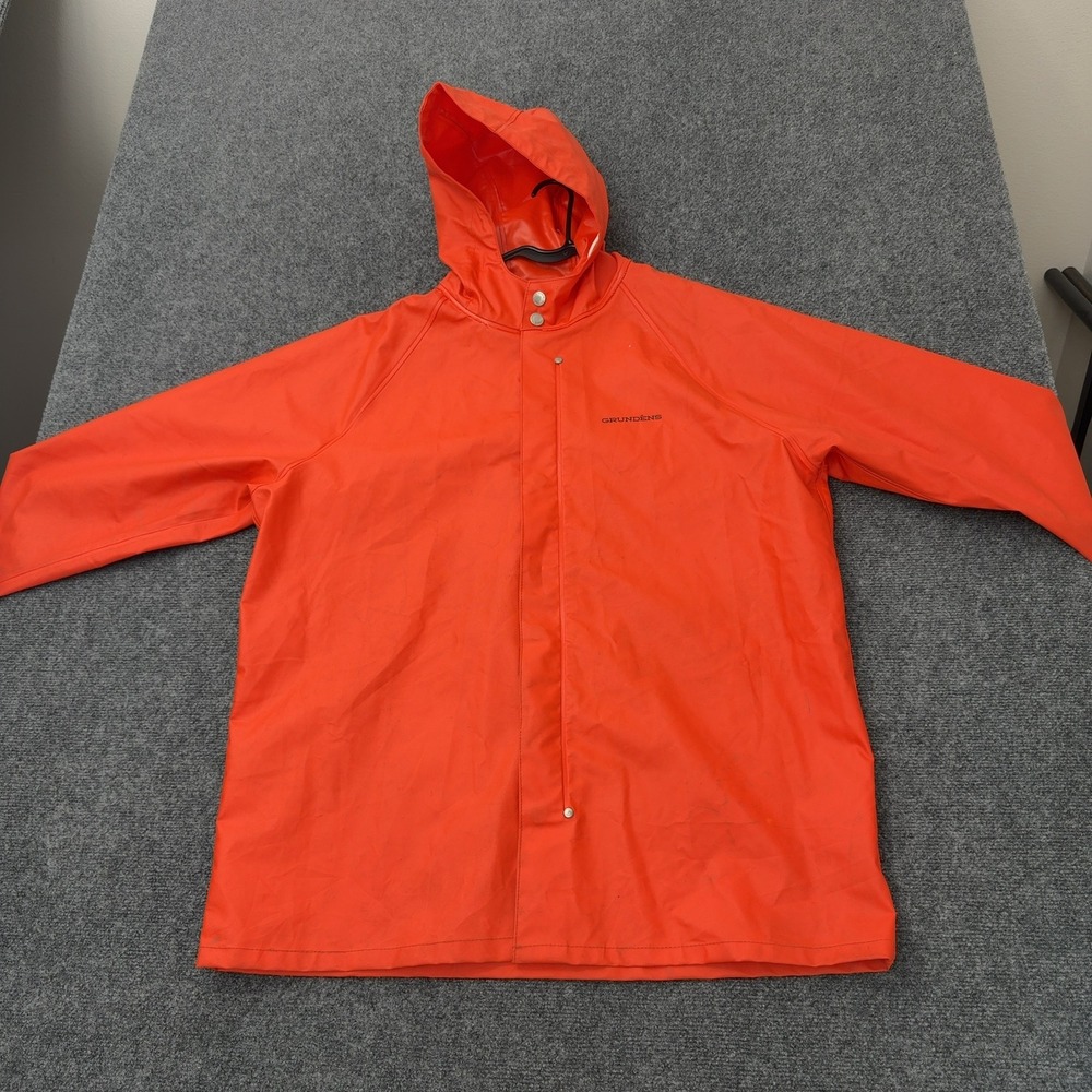 Grundens Rain Jacket Mens XL Orange PVC Polyester Hooded Waterproof Workwear